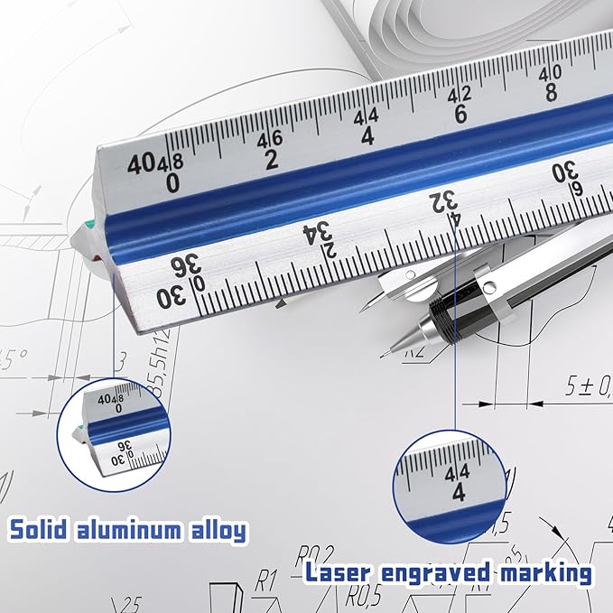 Biaungdo 3 Pack Architectural and Engineer Scale Ruler Set, 12 Inch Aluminum Triangular Drafting Tool, Laser-Etched Architect Scales Ruler for Draftsman, Standard Metal Ruler Included, Color-Coded