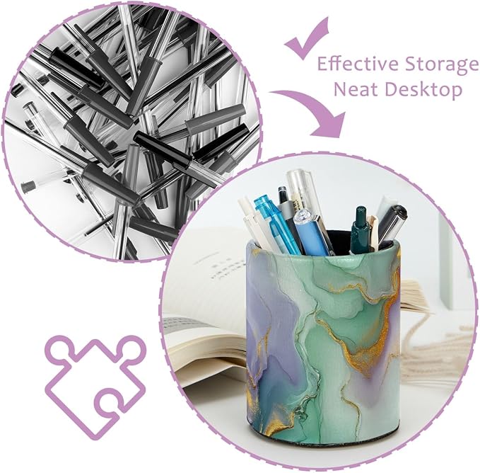 Teal Blue Marble Pen Holder Pencil Organizer Cute Pencil Cup Desk Decor Makeup Brush Holder PU Multifunctional Office Supplies for Home Classroom School