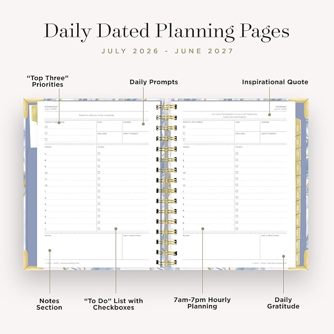Day Designer 2026-2027 Mini Daily Academic Year Planner Calendar, July 2026 - June 2027, 6" x 8.125", Glossy Laminated Cover, Wirebound, Laminated Tabs, Storage Pocket, Includes Stickers & Snap-In Ruler, Azure