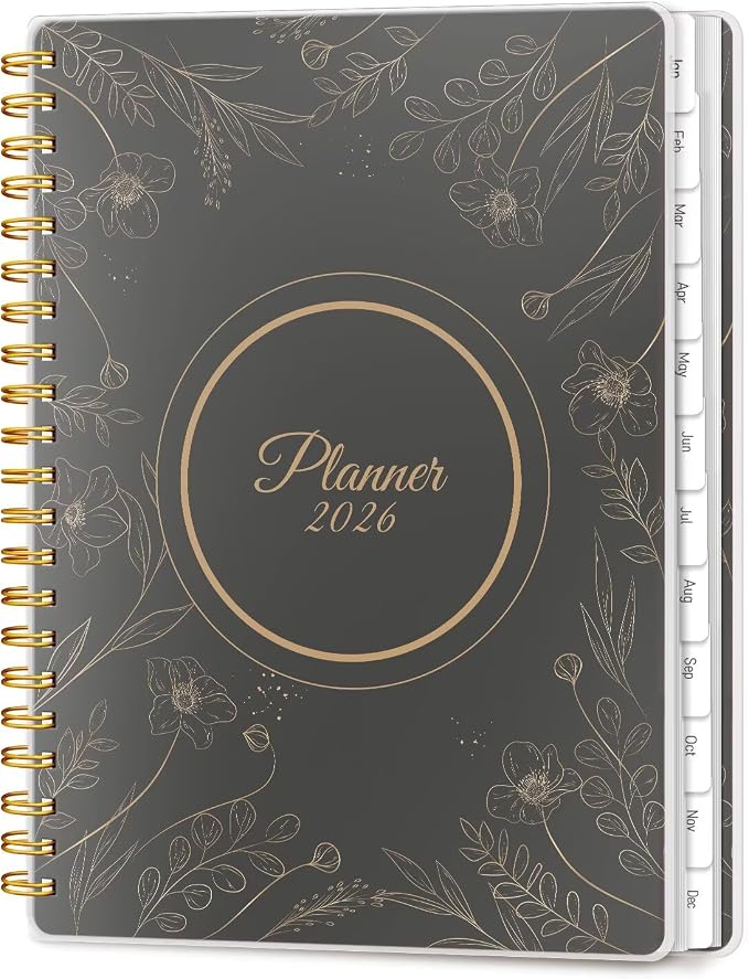 2026 Planner, Weekly and Monthly Planners with Tabs, A5 Spiral Bound Daily Calendar 2026 Planner, 12 Month Agenda Organizers from Jan. to Dec., Flexible Cover Appointment Book(Black Gold Flower)
