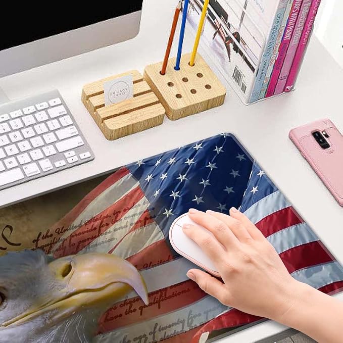 Large Mouse Pad, Desk Mat, Gaming Mouse Pad, Bald Eagle on American Flag Mouse Pad for Desk, Desk Pad for Keyboard Mice, Desk Mat for Desktop, Extended Long Mousepad Thin, 31.5 x 11.8 Inch