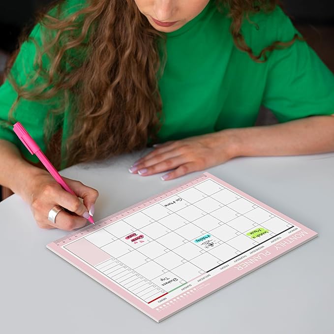 Phyxin Undated Planner, 54 Sheets Blank Calendar, 11.2" x 8.3" Monthly Calendar Planner, Tear Off Undated Monthly Planner with Memo for Women, Students, Teachers, Pink