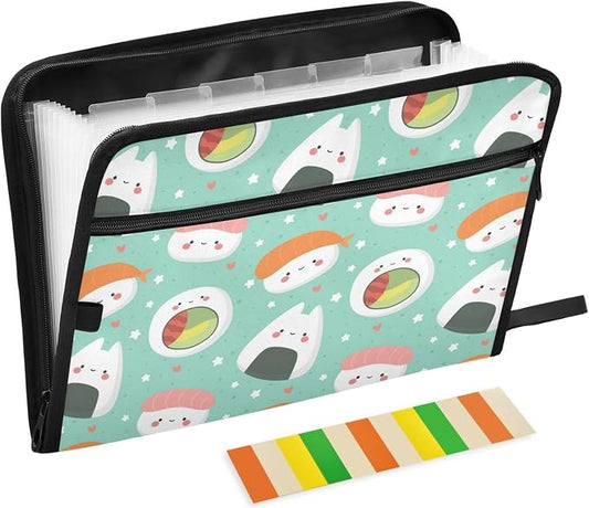 Kawaii Sushi 13 Pockets Expanding File Folder with Sticky Labels Accordion File Folder Document Organizer Letter Size A4 Papers Expandable File Keeper