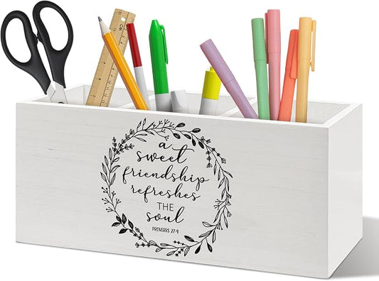 Christian Pen Holder Organizer Desk Decor, Gifts for Christian Women Friends, A Sweet Friendship Refreshes the Soul Bible Verse Wooden Pen Pencil Holders for Home Office Desk Accessories