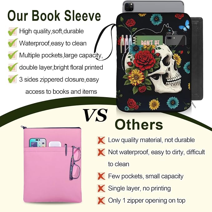 Book Sleeve for Book Lovers, Gothic Skeleton Black Cat Print Paperback Book Protector Case,PU Leather Waterproof Book Pouch with Zipper,Book Carrying Case for Hardcover,Birthday Gift for Women