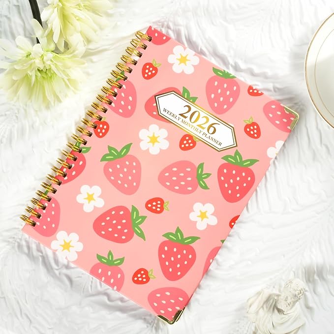 2026 Planner, Jan.2026 - Dec.2026 Planner Weekly and Monthly 6.25"x8.5" with with Page Tabs, Calendar Hardcover with Inner Pocket, Elastic Band, Twin-Wire Binding, Bookmark, Strawberry Flower
