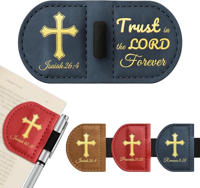 Personalized Magnetic Leather Bookmark with Pen Holder - Bygone Mark Custom Bible Verse Bookmarker,Book Marker for Men & Women,Book Lovers,Readers,Church(Blue,Isaiah 26:4)