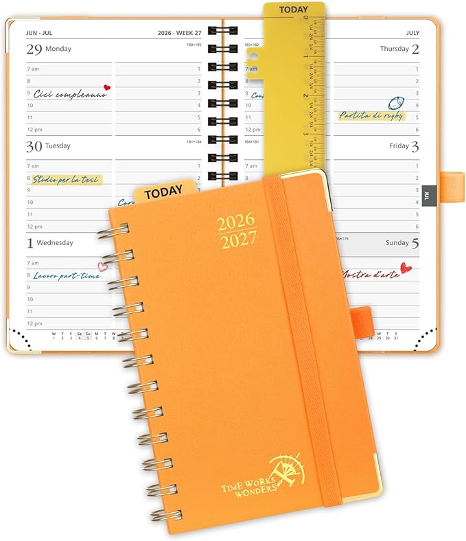 POPRUN Pocket calendar 2026-2027,pocket planner Jul 2026-Jan 2027, 6.5" x 3.5" Small Planner for Purse,Inner-pocket Weekly Planners with Hardcover, Tabs, Ruler, Pen Loop ,Unisex Weekly Planners for Organizing and Office - Orange