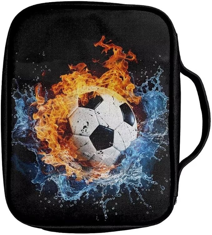 Coldinair Football Bible Cover for Kids Teen Men Fire Flame Church Bible Protective Book Case with Pen Slot Handle & Zippered Pocket Travel Christian Bible Accessories
