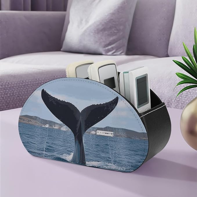 Whale Tail Remote Control Holder with 5 Compartments Leather TV Remote Caddy Remote Storage Box Desktop Organizer for Pen/TV Remotes/Media Controllers/Office Supplies
