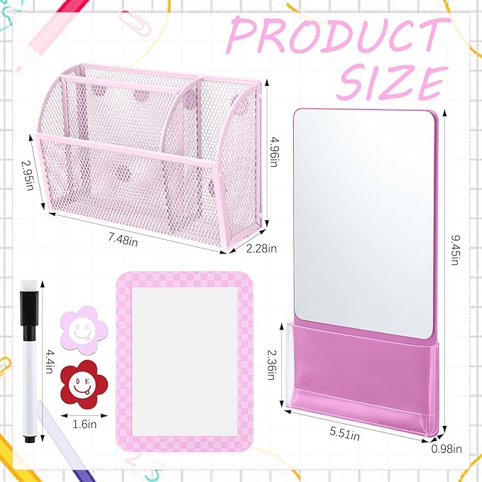 Fuyoooo Magnetic Locker Accessories Back to School Essentials Include Magnetic Mirror with Holder Magnet Mesh Pen Holder Small Whiteboard and Magnet for Office School Locker Organizer (Modern,Pink)