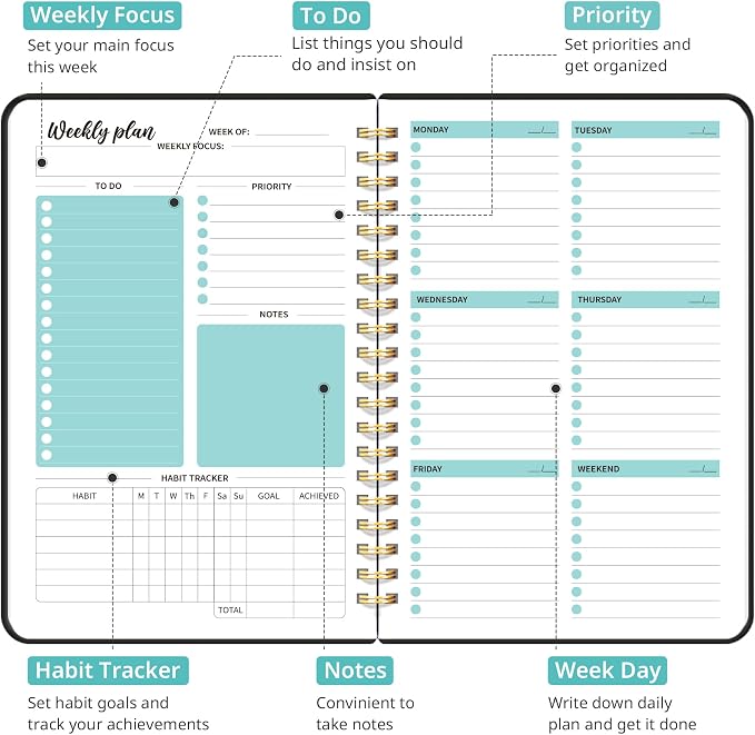 Taja Undated Weekly Planner, Weekly To Do List Notebook with Goal & Habit Tracker Organizer, A5 Weekly Planner Notebook with Spiral Binding, 6.1" x 8.2" - Black