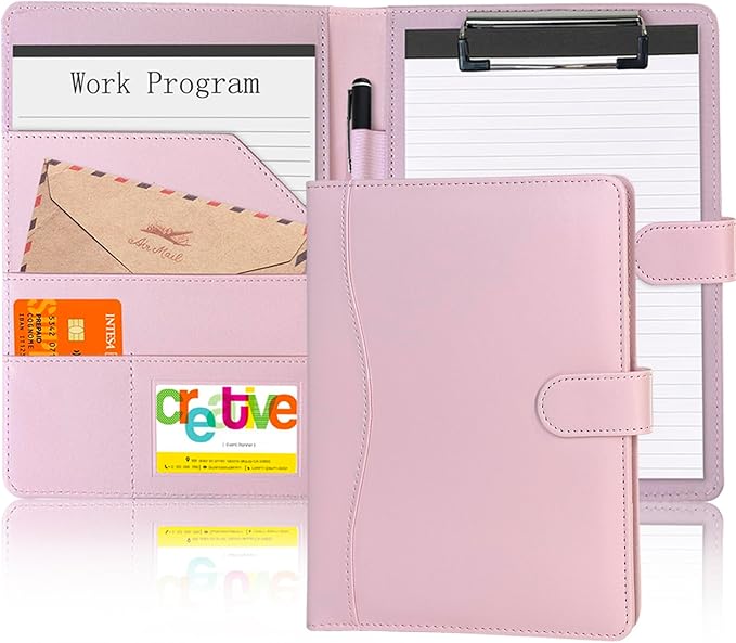 Padfolio Portfolio Binder, Leather Clipboard Folder Briefcase Loose-Leaf Binder with Cover Brown Folder with Pockets Resume Folder for Business Office Meeting Men Women's Business (A5, Pink)
