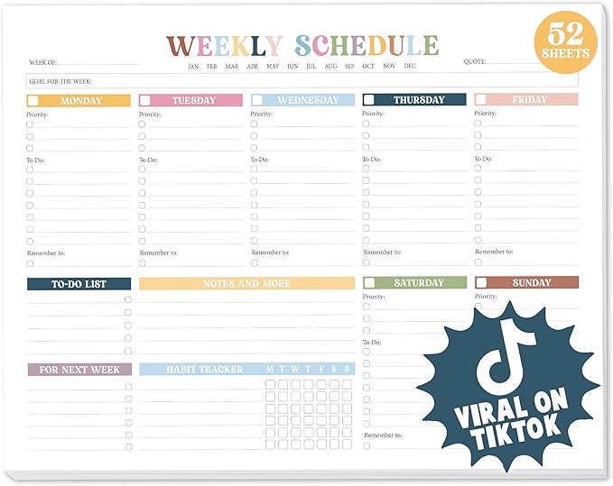 Weekly To Do List Notepad Undated (52 Sheets, 8.5 x 11") – Large Weekly Planner Desk Pad for Work, School & Home, Simple Productivity Organizer - Rainbow Boho