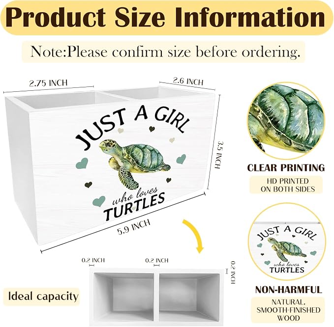 Coastal Beach Sea Turtle Pen Holder for Desk, Gifts for Turtle Lovers Pencil Organizer, Just a Girl Who Loves Turtles Wooden Box Sign Desk Decor for Home Office Decoration