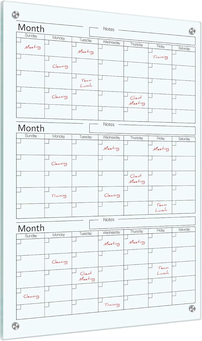 Glass Whiteboard Calendar Dry-Erase White Board Planner Glass Large Wall Mounted Calendar with Marker Tray for Wall Home or Office(Transparent,36" X 24",3 Month)