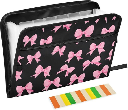 Expanding File Folder Pink Bow Black N Accordion File Organizer 13 Pockets Document Organizer with Zipper Labels A4 Letter Office Storage