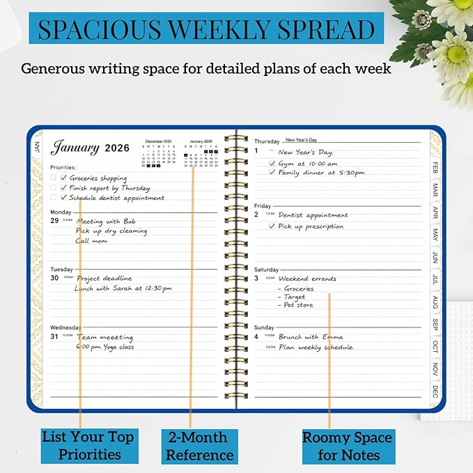Planner 2026 Men & Women,Monthly and Weekly Agenda Calendar Planner,Jan 2026 to Dec 2026,A5 (6.3" x 8.5"),Hardcover Spiral Daily Planning Book with Tabs,for Office Home School,Dark Blue
