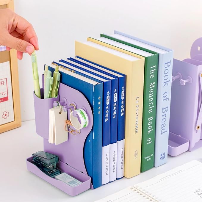 Adjustable Metal Bookends Heavy Duty for Shelves, 2 Dividers, Side Organzier, Anti-Slip Design Expandable Book Ends for Desk, Office(Purple, 18 inches Max)