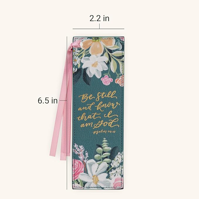 Christian Art Gifts Premium Vegan Leather Inspirational Scripture Bookmark for Women: Be Still & Know Encouraging Bible Verse, Satin Ribbon, Reading Accessory for Books, Bibles, Teal Multicolor Floral