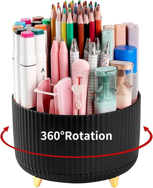 Desk Pencil Pen Holder, 5 Slots 360°Degree Rotating Pen Organizers for Desk, Desktop Storage Stationery Supplies Organizer, Cute Pencil Cup Pot for Office, School, Home, Art Supply, Black