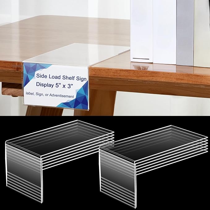 Feifeiya 12 Pcs Acrylic Library Moveable Shelf Label Holders Bulk Talker 5" x 3" Clear Shelf Display Markers Retail Label Tags for Office Home Classroom Office Book Shelve