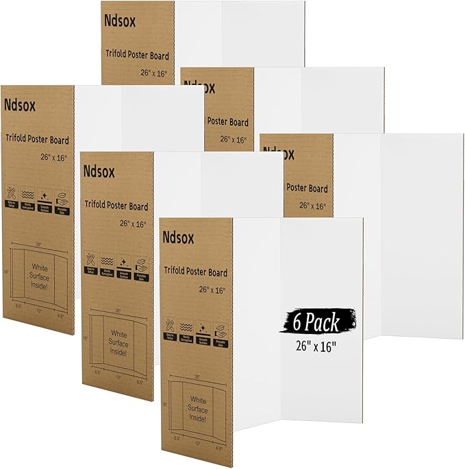 Ndsox 6 Pack 26" x 16" White Trifold Poster Board Medium Size Corrugated Tri Fold Project Poster Boards Science Fair Display Posterboards for Business Presentations, Event Displays, Art Exhibitions