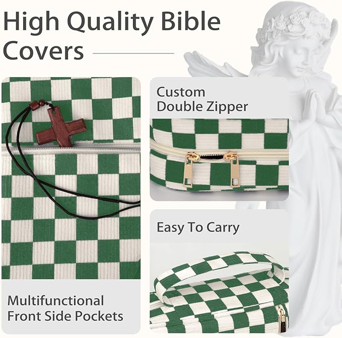 Bible Cover Case for Women Corduroy Bible Case for Girls Checkered Large Bible Cover with Handle Bible Study Supplies Accessories Christian Gifts for Women (Deep Green, Medium)