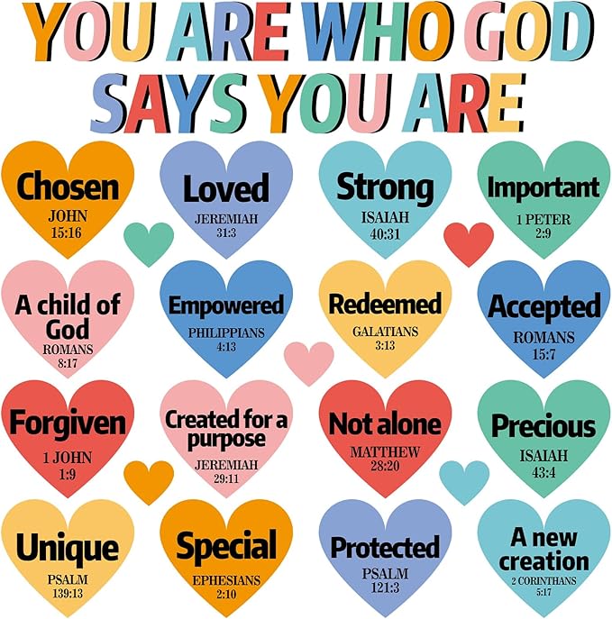 Qyeahkj Christian Bulletin Board Decorations God Says You are Religious Classroom Decor Motivational Heart Paper Cutouts Inspirational Bulletin Board Sets for Sunday School Church Supplies