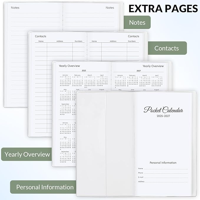 KONVINIT Pocket Calendar 2025-2027, Pocket Planner 2026-3.7" x 6.7" - Runs from July 2025 Until December 2027, Monthly Planner 2025-2027 with PVC Cover for Planning, Green