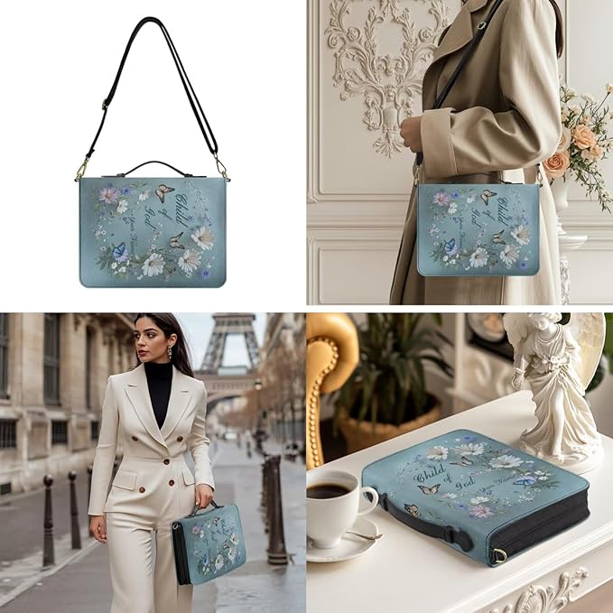 Custom Bible Book Covers for Women, Personalized Bible Case with Name, Butterflies and Daisies Print Book Holder with Strap Handle Inner Pockets and Pen Loop, Biblia Accessories for Women
