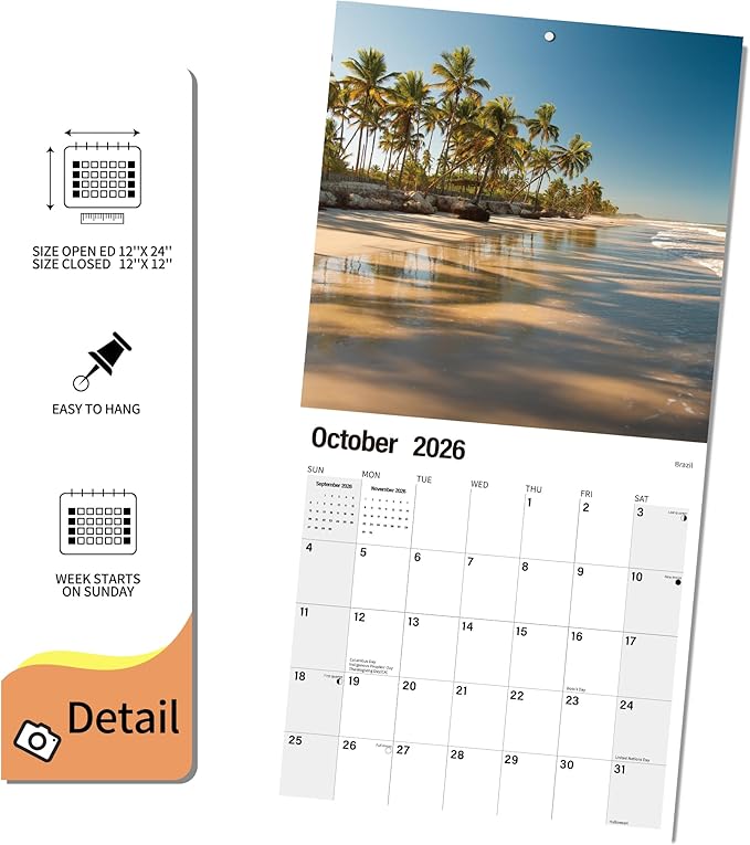 2026 Wall Calendar Planner Calendar - BEACHES Hangable Monthly Wall Calendar with Large Blocks for Organizing & Planning, Academic Schedule, Home, Office & family, Thick & Sturdy Paper (12"x24" Open)