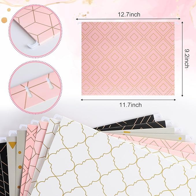 Estune 32 Pcs Decorative Hanging File Folders Letter Size Cabinet File Folders Organizers with 1/5 Cut Adjustable Tabs for Office Desk School Filing Cabinet Home(Geometric)
