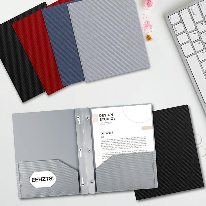 60-Pack Plastic Folders with Pockets and Prongs,2-Pocket Folders with 3 Fasteners, Poly Folders Holds 8-1/2" x 11" Paper for School/Office/Home, Silvery