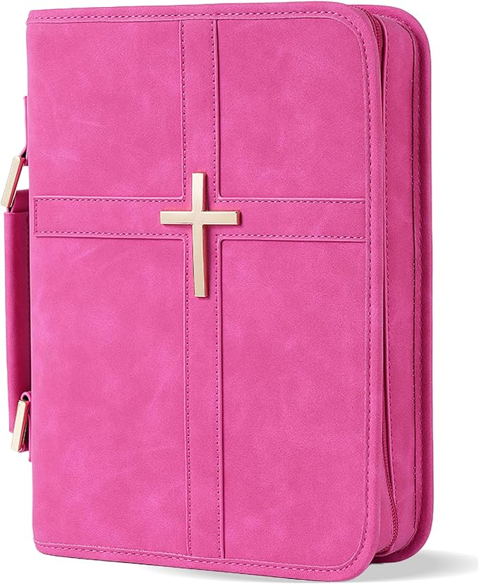 Vegan Leather Bible Cover Case, Bible Bag with Phone Pocket, Bible Case for Men Women, Christian Gift Box Packaging (Rose)