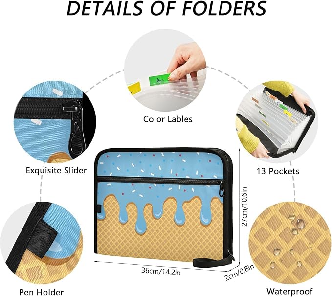 Expanding File Folder Blue Ice Cream Drip Accordion File Organizer 13 Pockets Document Organizer with Zipper Labels A4 Letter Office Storage