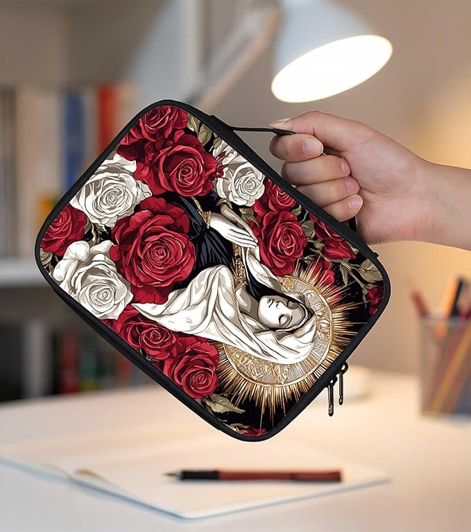 Bible Cover for Women with Zipper and Handle, Virgin Mary Catholic Bible Case with Pockets, Scripture Carrying Case Organizer, Christian Gifts for Women, Church Religious Bible Study Bag