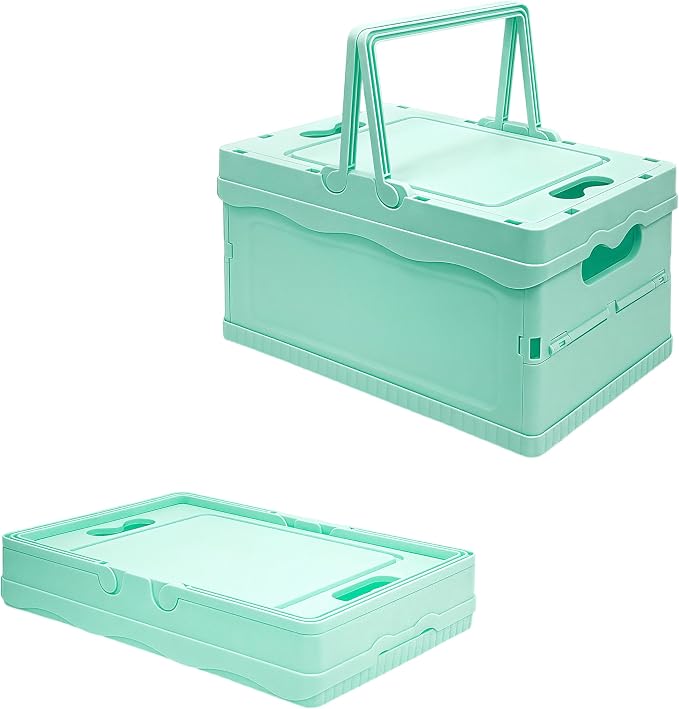 Tixill Small Collapsible Storage Crates, Foldable Plastic Baskets with Lids and Handles for Organizing, Mini Stackable Bins for Home Kitchen Bedroom Bathroom Office (12 * 8 * 7InBlue)