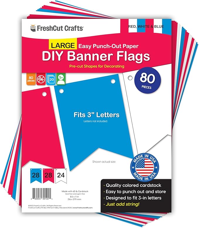 80 pcs Paper DIY Banner Flags Patriotic RED, WHITE AND BLUE Pennant Banners, Large (3.75 x 5 in), US Made Card Stock Punch Out Blank Pennants for 4th of July Party Decorations, Festive Parties