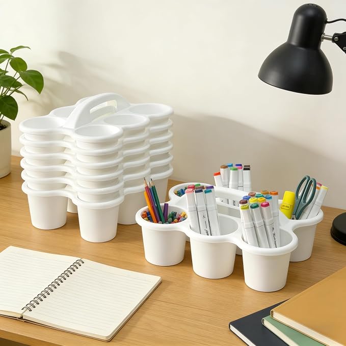 RAUVOLFIA 6 Pack Classroom Caddy Storage Basket with Handle, Plastic Drink Cup Caddy Holder, 6 Compartments for Kids, Table, Office, Arts, Crafts, Crayon, Marker, Pencil, School Supplies (White)