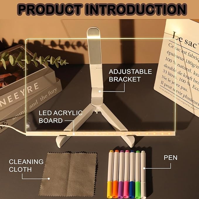 Led Note Board with Colors, 12"X8" Acrylic Dry Erase Board with Light, Light Up Dry Erase Board with Adjustable Stand, Led Board White Board with 7 Pen, Office Home Glow Rewritable Message Board.