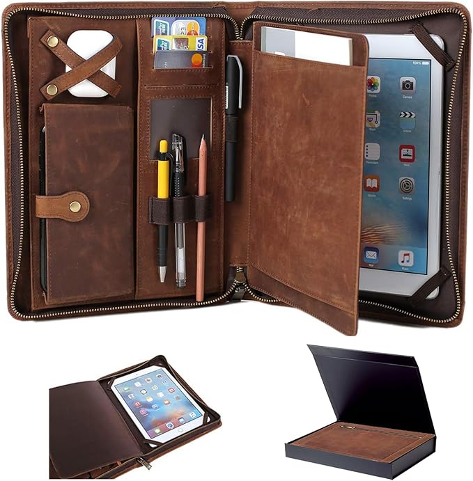 Leather Case for ipad Pro 11" Genuine Leather Smart Folio with Pencil Holder Zipper Pocket Multifunctional iPad case Compatible with iPad 11 /iPad 10.5/10.2 inch ipad/iPad 9.7