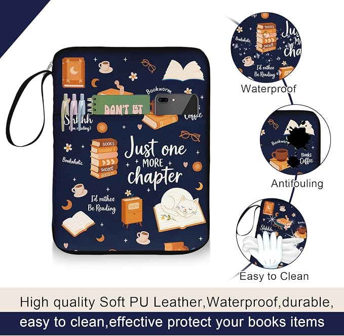 Book Sleeve for Book Lovers,Just One More Chapter Waterproof PU Leather Travel Book Carrying Case,Book Pouch with Zipper,Cute Cat Book Portable Book Protector Cover Bag for Hardcover Paperbacks Gift