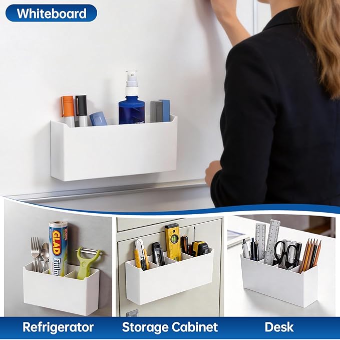 FRETONBA Large Magnetic Dry Erase Marker Holder for Whiteboard, Magnetic Pen Holder Organizer with Adjustable Compartments, Strong Magnet Storage for Office Classroom Home, White