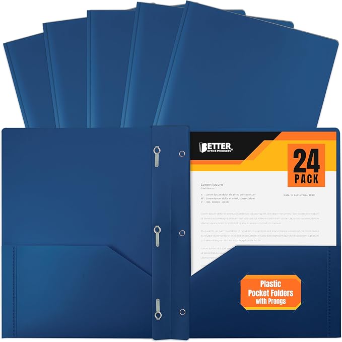 Heavyweight Blue Plastic 2 Pocket Portfolio Folder, Letter Size Poly Folders by Better Office Products, 24 Pack, Royal Blue (with prongs)