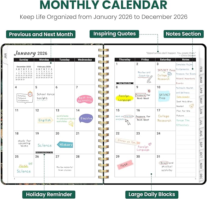 2026 Planner, Weekly and Monthly Planner for Women, Jan 2026 - Dec 2026 Pretty 2026 Calendar Planner with Monthly Tabs, Inner Pocket, Spiral Binding, Perfect for Office Home School - 6.3" x 8.5", Jungle Life
