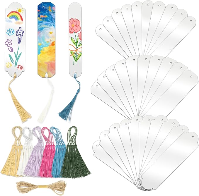 61PCS Acrylic Bookmarks Blanks Bulk 3 Symmetrical Shapes Clear Bookmark Plastic Blank 30 Sets with 6 Color Tassels & Twine String for Vinyl DIY Craft