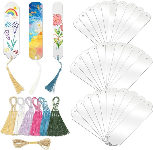 61PCS Acrylic Bookmarks Blanks Bulk 3 Symmetrical Shapes Clear Bookmark Plastic Blank 30 Sets with 6 Color Tassels & Twine String for Vinyl DIY Craft