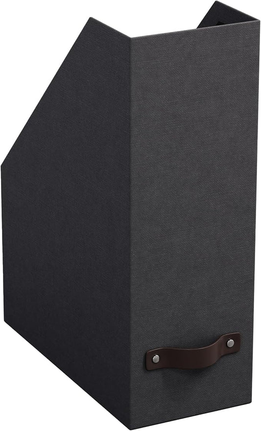 Bigso Estelle Fibreboard Magazine Holder with Leather Handle - Magazine File Holder and Organizer for Papers and Catalogs on Home or Office Desks - W4.4 x D9.8 X H12.7 (inches) - Black