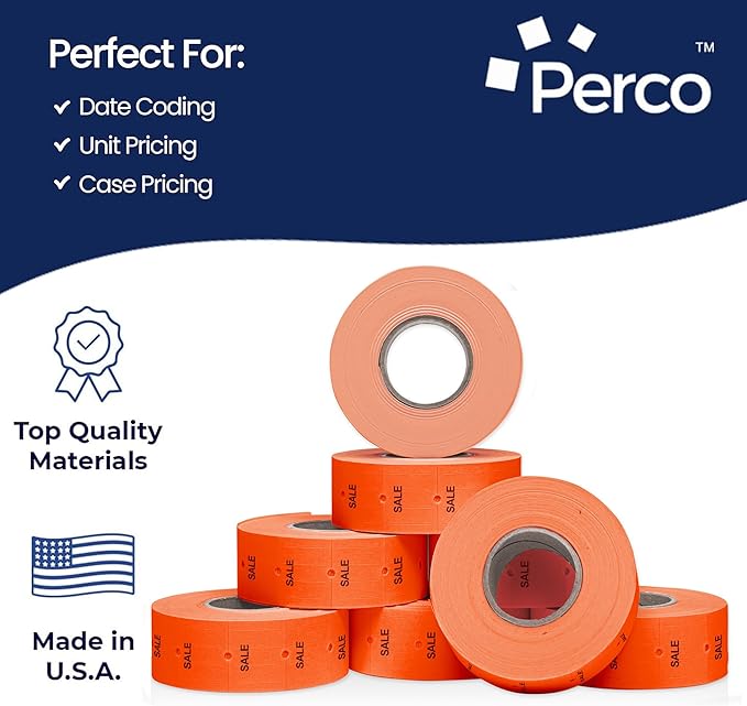 Perco 2 Line Fluorescent Red "SALE" Labels - 8 Rolls, 1 Sleeve, 6,000 Blank Price and Date Gun Labels for Perco 2 Line Price and Date Guns - Made in USA